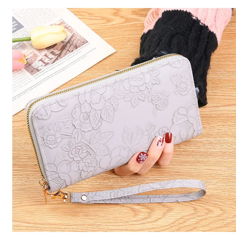 Long Zippered Women's Purse,Enlarged Ladies Phone Wallet,Embossed Design Fashionable Minimalist Money Bag,Lady Leather Purses