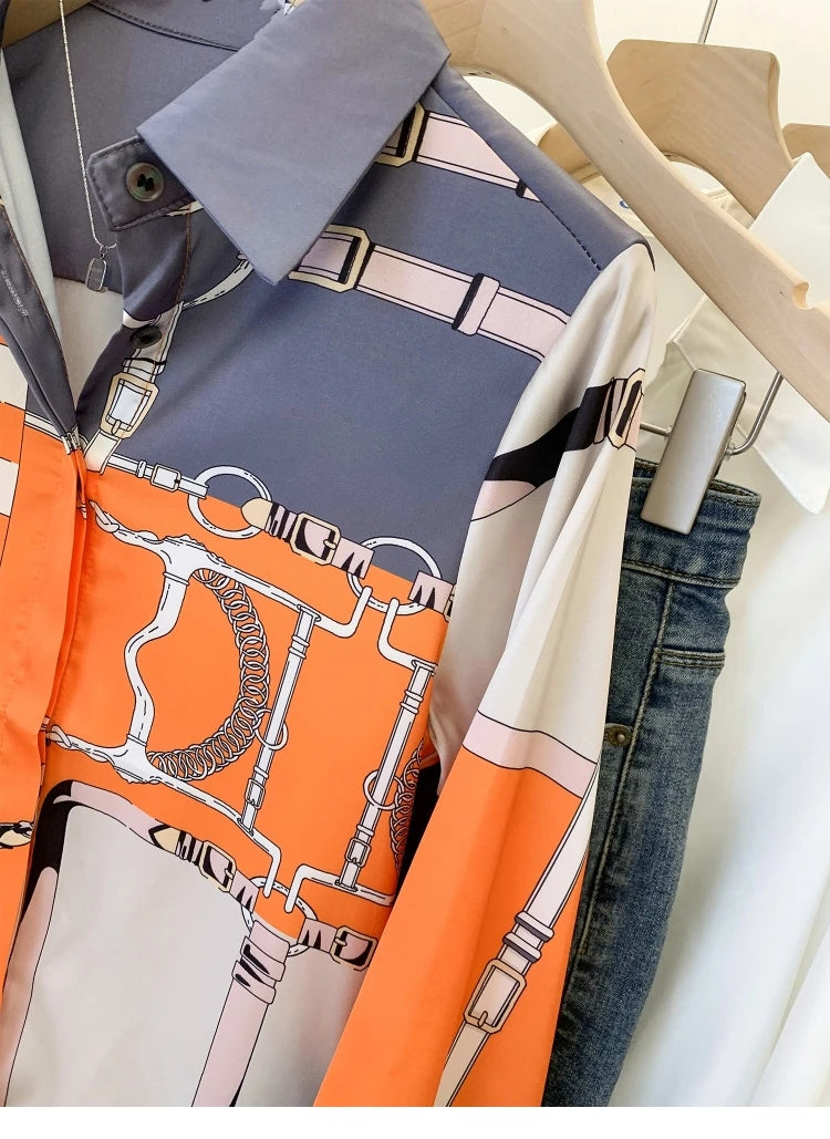 Luxury Brand Design Imitation Silk Orange Grey 2025 Spring Summer Long Sleeves Shirt For Women Elegant Fashion Lady Top Clothes