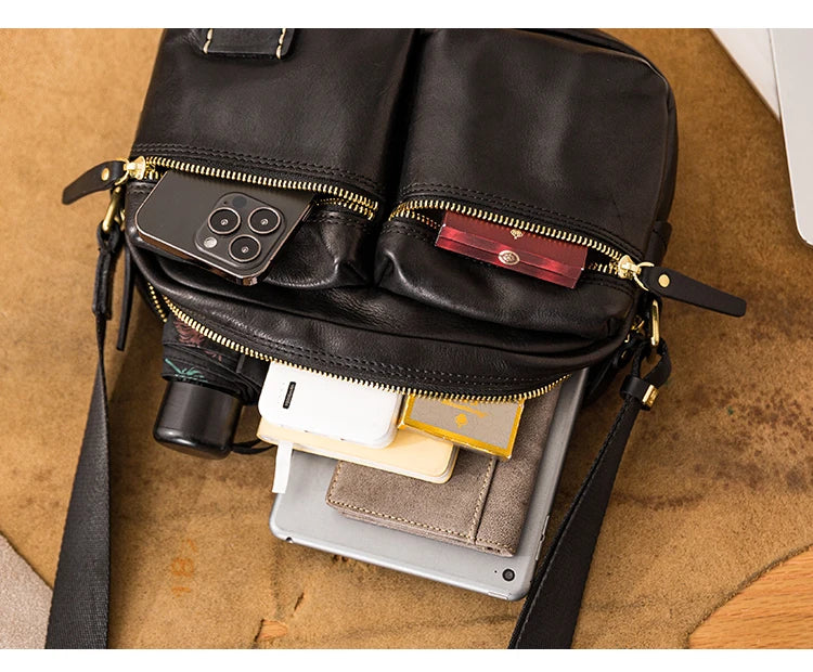 Fashion designers handmade vegetable tanned leather men's shoulder bag casual luxury genuine leather teens black crossbody bag