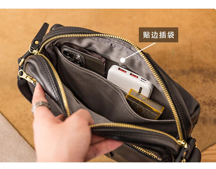 Fashion designers handmade vegetable tanned leather men's shoulder bag casual luxury genuine leather teens black crossbody bag
