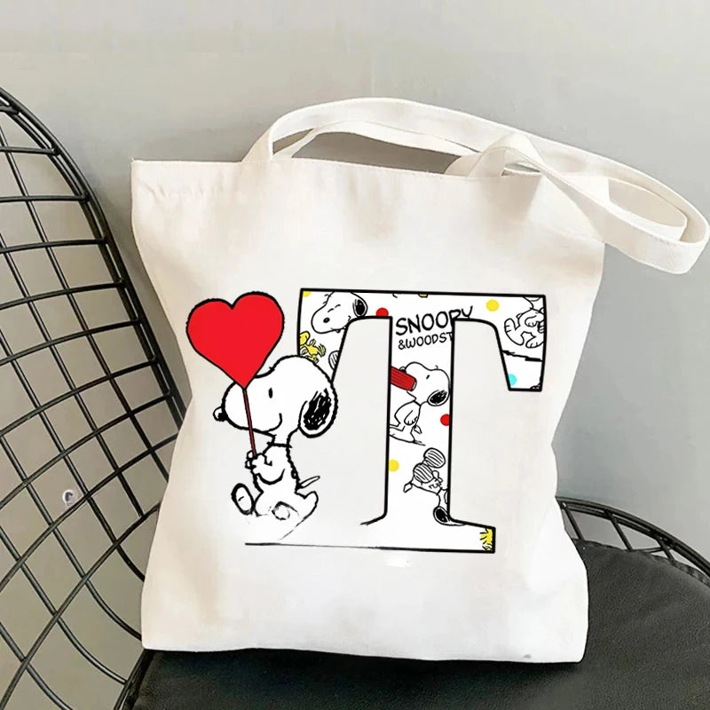 Snoopy Simple High-capacity Canvas Bags Women Anime Letter A-Z Printing Shopping Handbag Students Daily Portable Shoulder Bag