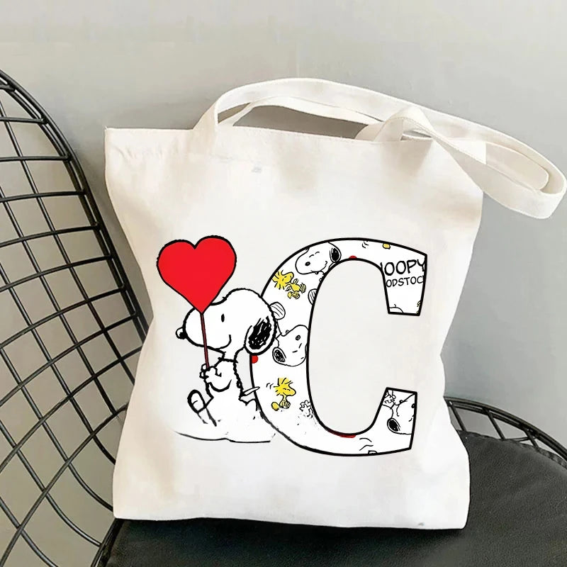 Snoopy Simple High-capacity Canvas Bags Women Anime Letter A-Z Printing Shopping Handbag Students Daily Portable Shoulder Bag