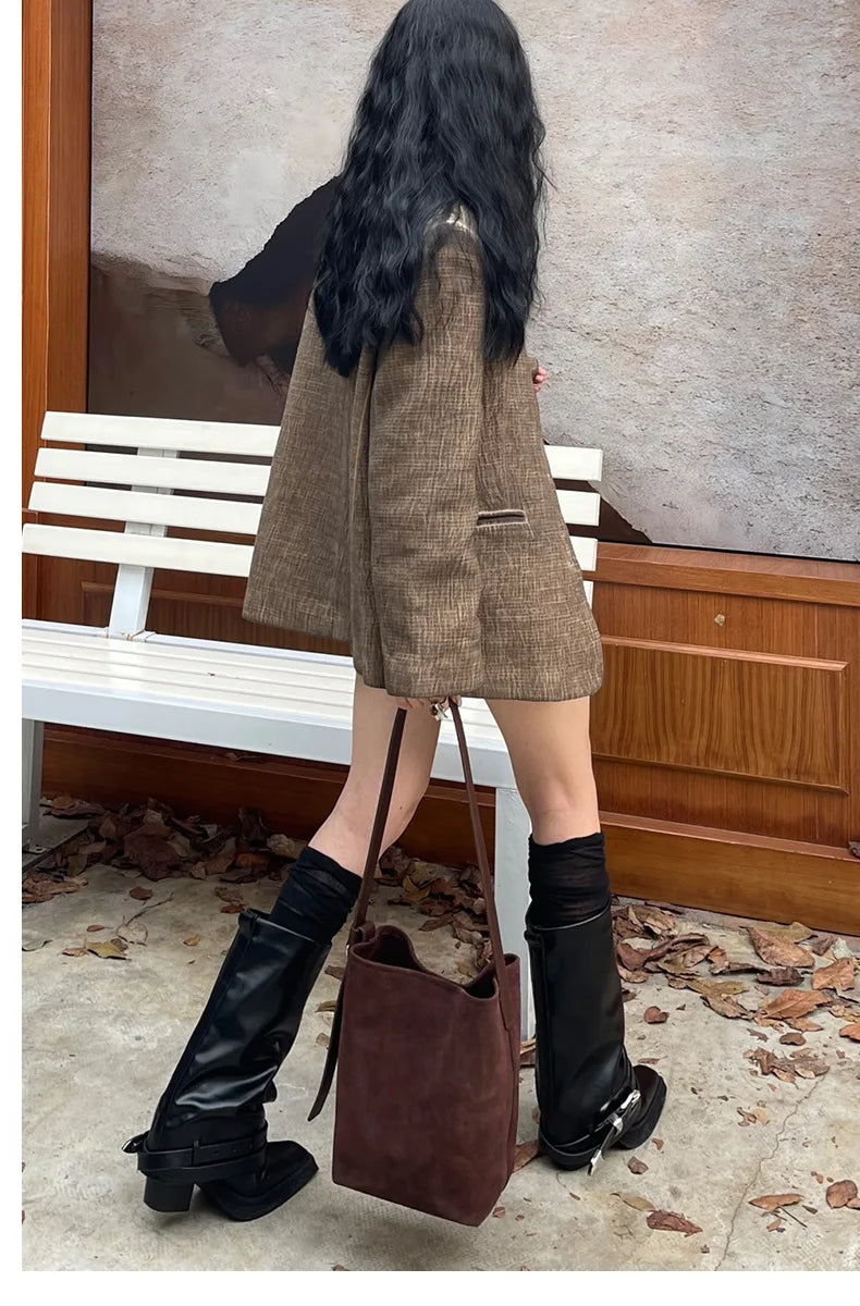 Motingsome Frosted Cowhide Bucket Bag Women Luxury Suede Leather Purses Lazy Style Crossbody Shoulder Winter Large Bag 2024 New