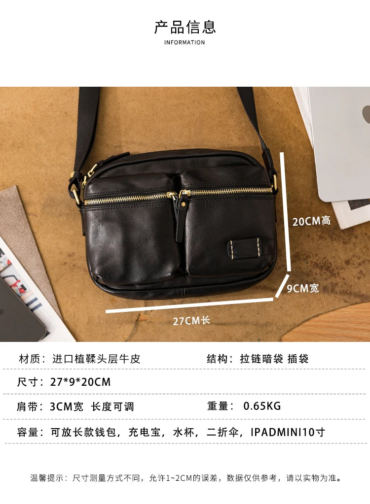Fashion designers handmade vegetable tanned leather men's shoulder bag casual luxury genuine leather teens black crossbody bag