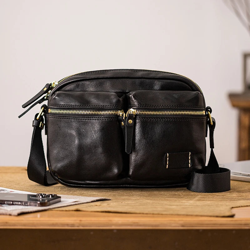 Fashion designers handmade vegetable tanned leather men's shoulder bag casual luxury genuine leather teens black crossbody bag