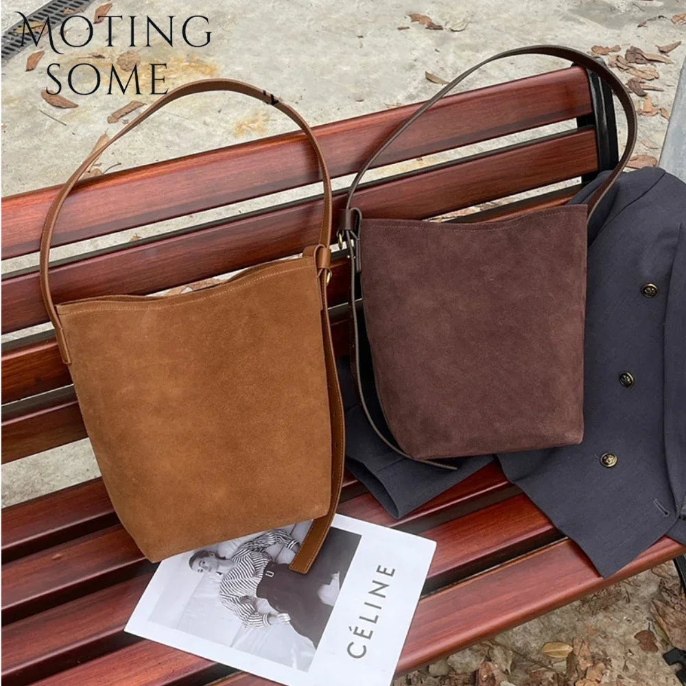 Motingsome Frosted Cowhide Bucket Bag Women Luxury Suede Leather Purses Lazy Style Crossbody Shoulder Winter Large Bag 2024 New