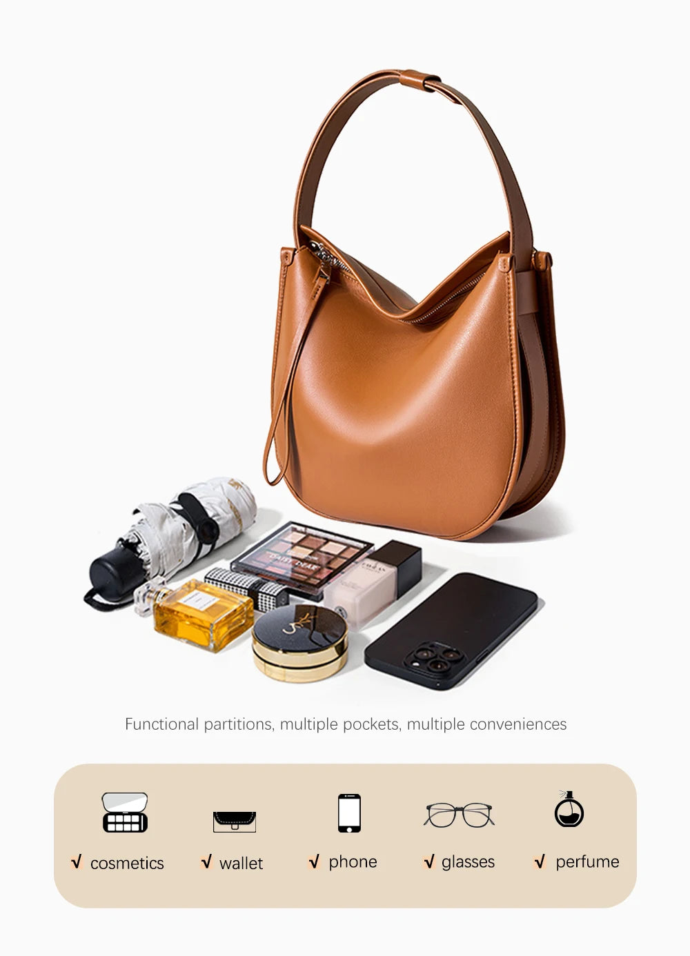 Zency Women Classic Black Messenger Bag Soft Leather Fashion Girl Handbag Luxury Designer Shoulder Large Hobo Bag For Commuters
