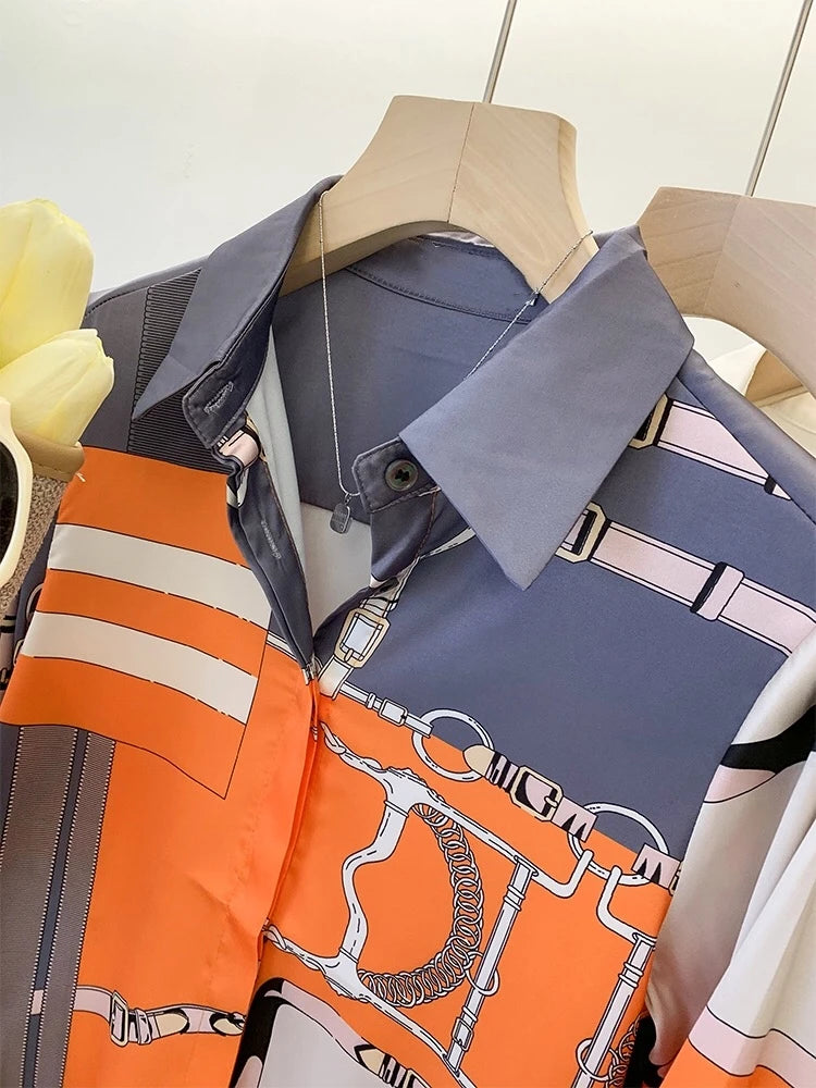 Luxury Brand Design Imitation Silk Orange Grey 2025 Spring Summer Long Sleeves Shirt For Women Elegant Fashion Lady Top Clothes