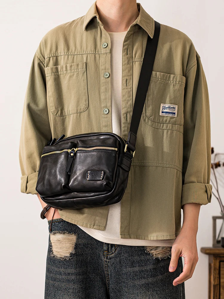 Fashion designers handmade vegetable tanned leather men's shoulder bag casual luxury genuine leather teens black crossbody bag