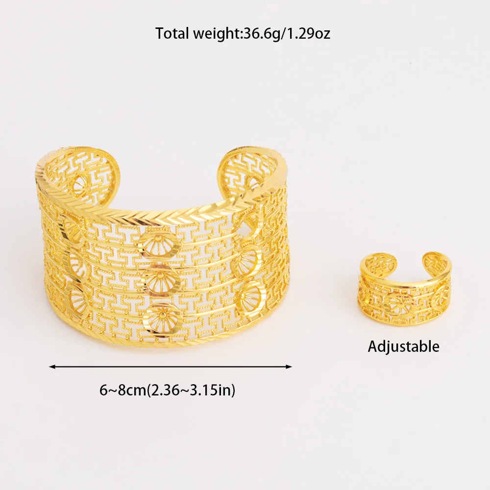 Noble Dubai Gold Color Jewelry Set For Women Luxury Multi Layer Bangle And Multi Bead Ring For Easter Gifts Wedding Arabic Party
