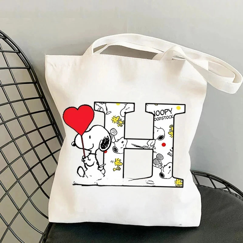 Snoopy Simple High-capacity Canvas Bags Women Anime Letter A-Z Printing Shopping Handbag Students Daily Portable Shoulder Bag