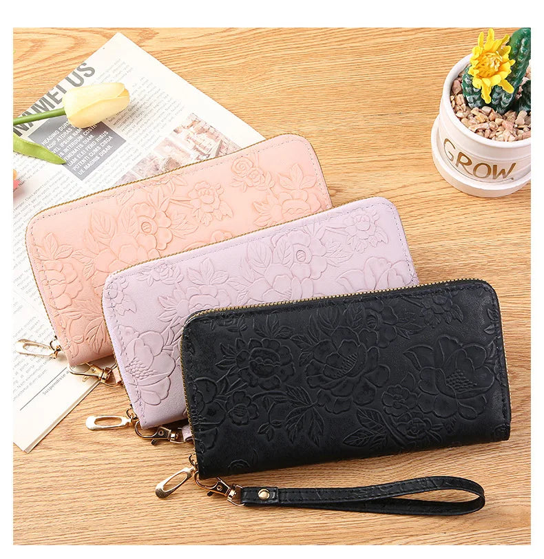Long Zippered Women's Purse,Enlarged Ladies Phone Wallet,Embossed Design Fashionable Minimalist Money Bag,Lady Leather Purses