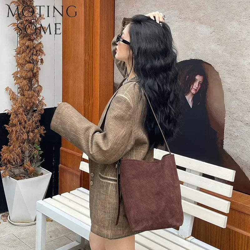 Motingsome Frosted Cowhide Bucket Bag Women Luxury Suede Leather Purses Lazy Style Crossbody Shoulder Winter Large Bag 2024 New