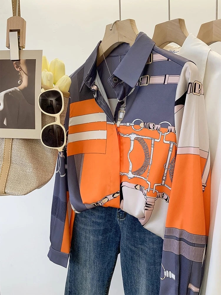 Luxury Brand Design Imitation Silk Orange Grey 2025 Spring Summer Long Sleeves Shirt For Women Elegant Fashion Lady Top Clothes