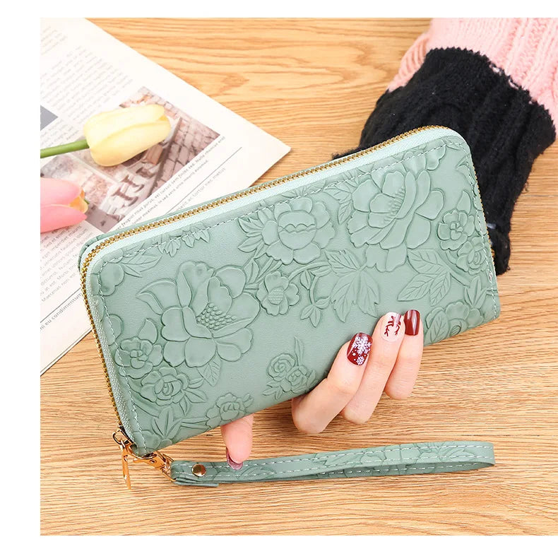 Long Zippered Women's Purse,Enlarged Ladies Phone Wallet,Embossed Design Fashionable Minimalist Money Bag,Lady Leather Purses