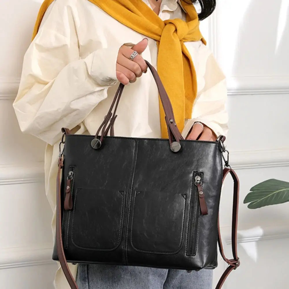 Ladies Vintage Leather Shoulder Bag, Large Leather Purses Work Bags with Multi-Pocket Tote Bag Crossbody Handbags for Women