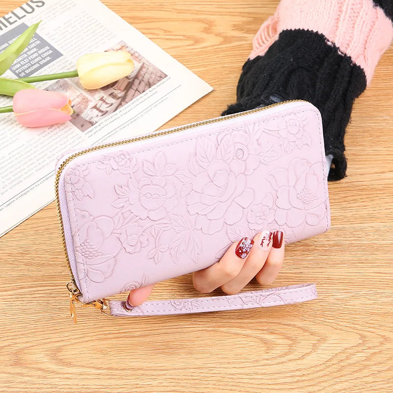 Long Zippered Women's Purse,Enlarged Ladies Phone Wallet,Embossed Design Fashionable Minimalist Money Bag,Lady Leather Purses