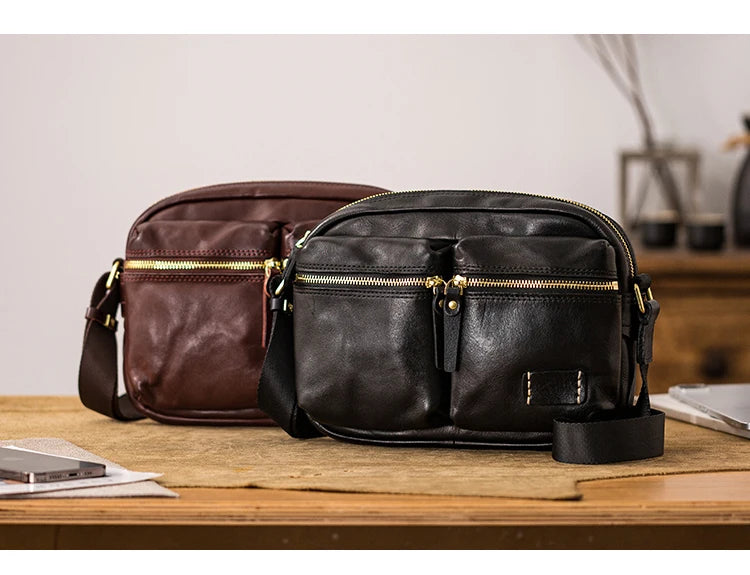 Fashion designers handmade vegetable tanned leather men's shoulder bag casual luxury genuine leather teens black crossbody bag