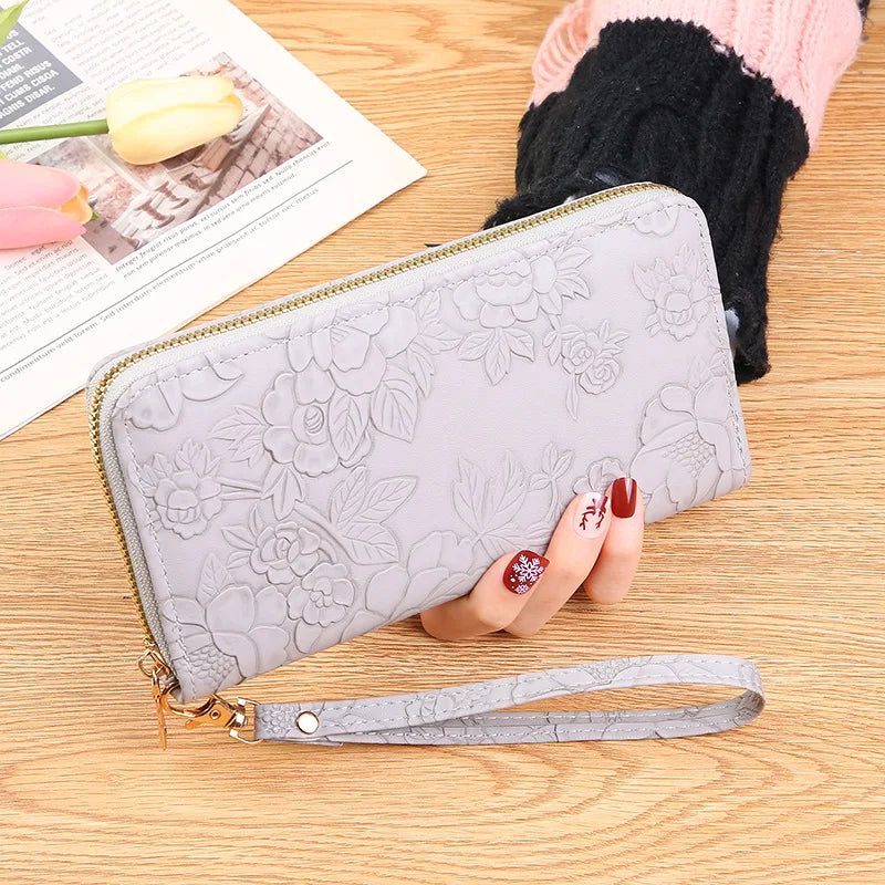 Long Zippered Women's Purse,Enlarged Ladies Phone Wallet,Embossed Design Fashionable Minimalist Money Bag,Lady Leather Purses