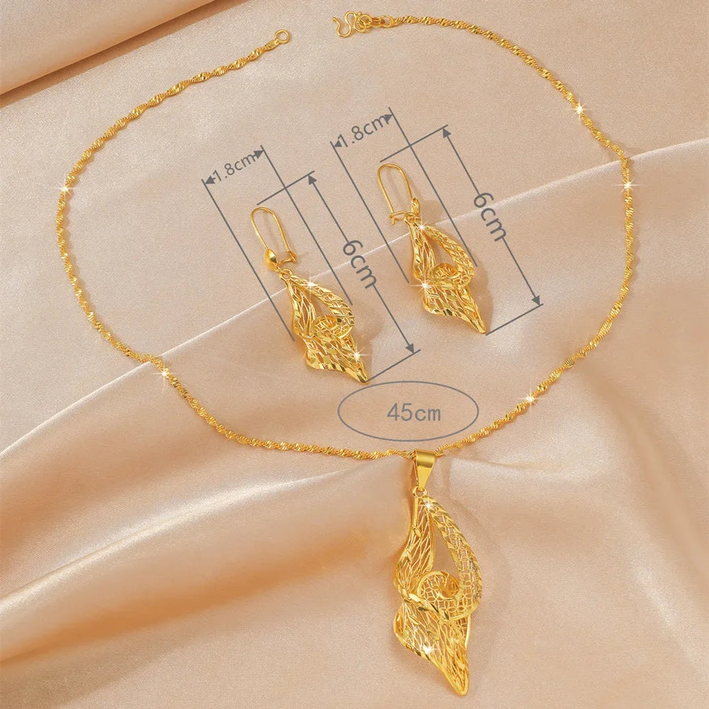 9999 Real Gold Leaf Flower Necklace Earring Set | Wedding Pendants for Brides | 24K Gold Women's Elegant Jewelry