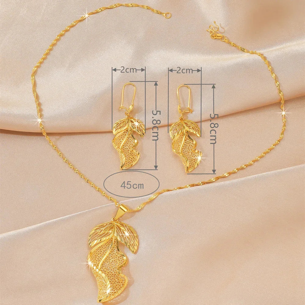 9999 Real Gold Leaf Flower Necklace Earring Set | Wedding Pendants for Brides | 24K Gold Women's Elegant Jewelry