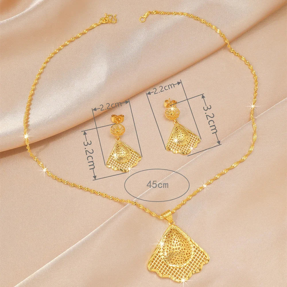 9999 Real Gold Leaf Flower Necklace Earring Set | Wedding Pendants for Brides | 24K Gold Women's Elegant Jewelry