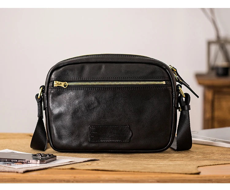 Fashion designers handmade vegetable tanned leather men's shoulder bag casual luxury genuine leather teens black crossbody bag