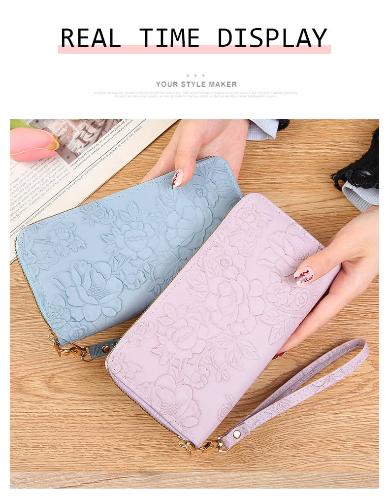 Long Zippered Women's Purse,Enlarged Ladies Phone Wallet,Embossed Design Fashionable Minimalist Money Bag,Lady Leather Purses