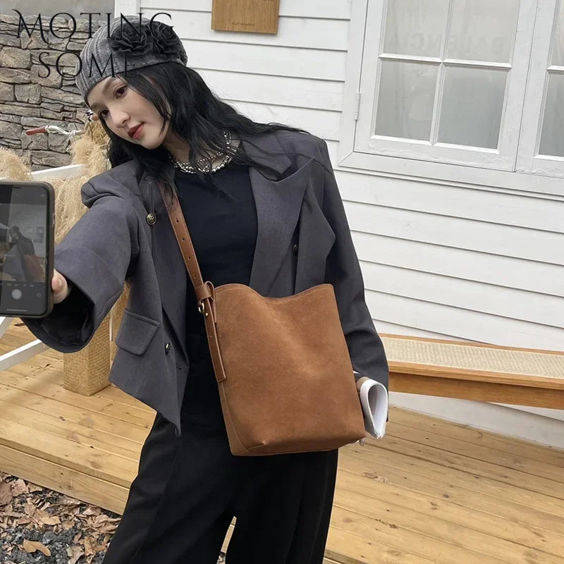 Motingsome Frosted Cowhide Bucket Bag Women Luxury Suede Leather Purses Lazy Style Crossbody Shoulder Winter Large Bag 2024 New