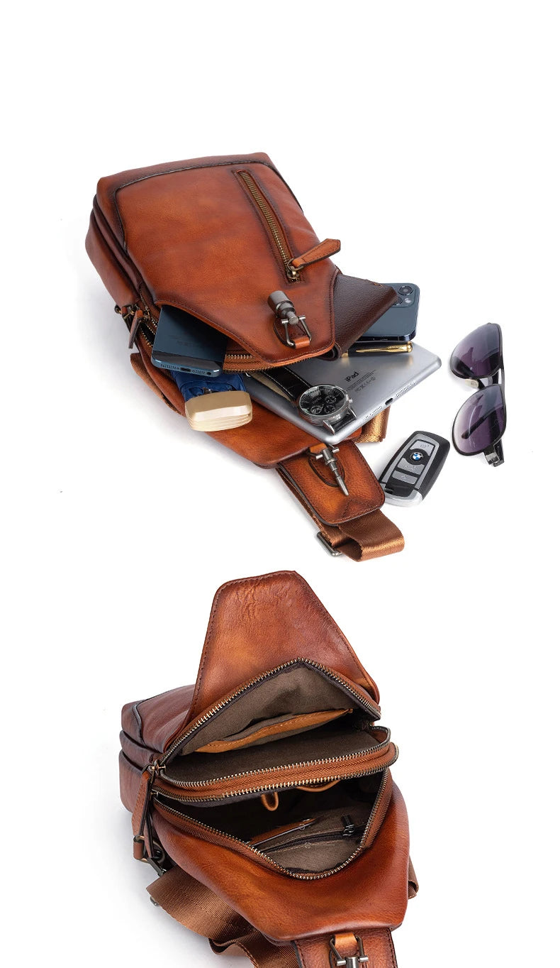 Anti theft  Men's Bag Luxury Brand Designer Single Shoulder Chest Bag Leather Male Crossbody Chest Pack Street Small Sling Bag