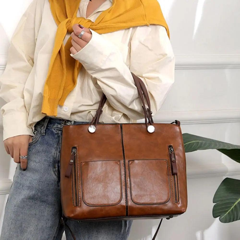 Ladies Vintage Leather Shoulder Bag, Large Leather Purses Work Bags with Multi-Pocket Tote Bag Crossbody Handbags for Women