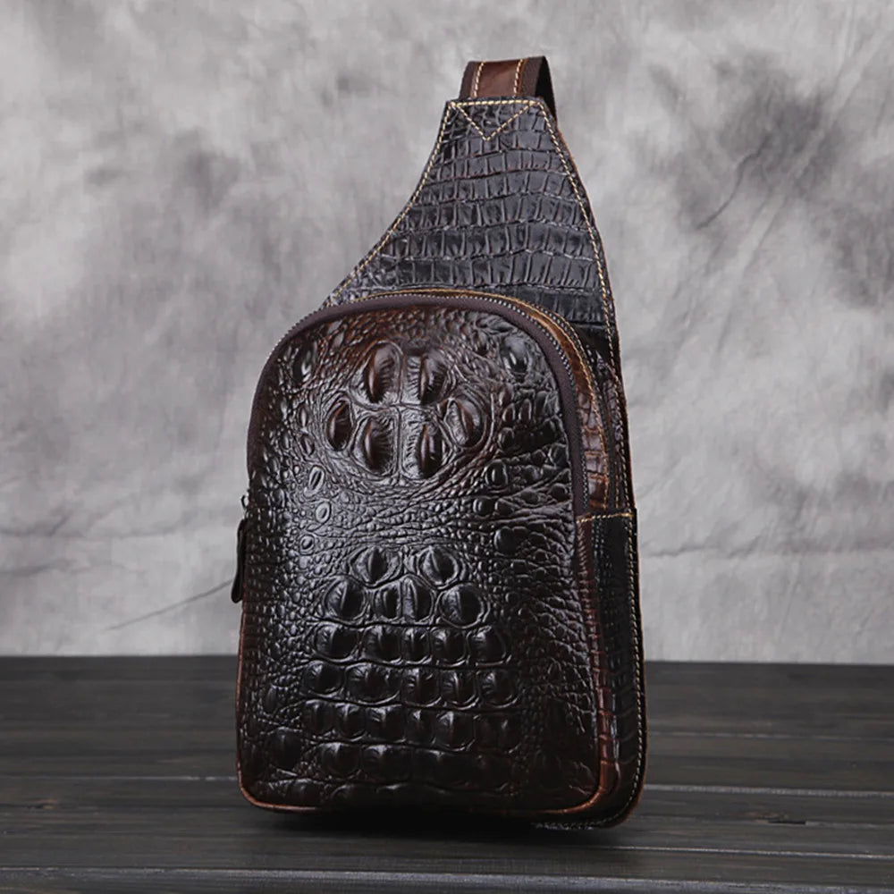 Men's Genuine Leather Crossbody Bag Vintage Crocodile Embossed Luxury Shoulder Bag Chest Bag Designer Adjustable Strap Zipper