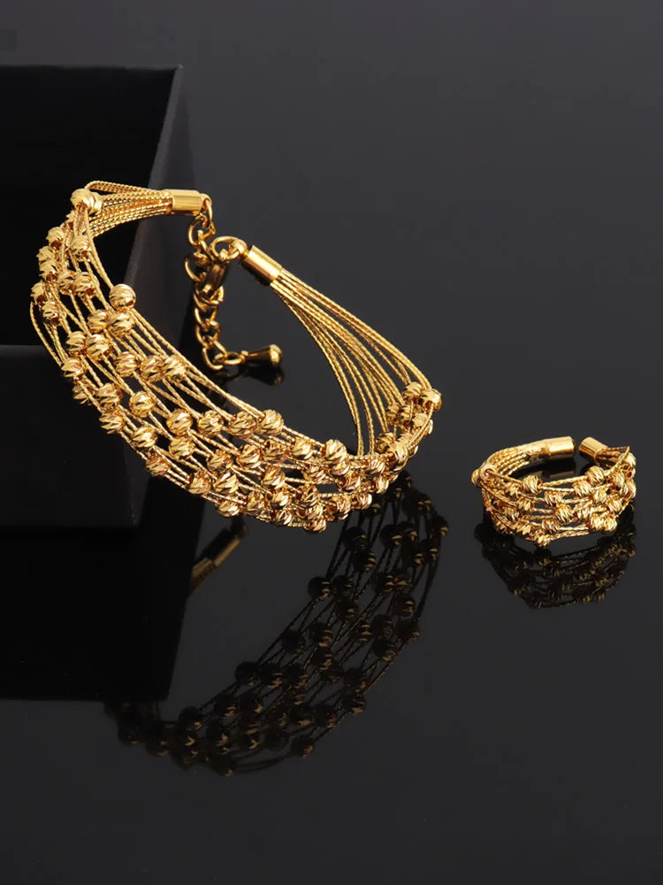 Noble Dubai Gold Color Jewelry Set For Women Luxury Multi Layer Bangle And Multi Bead Ring For Easter Gifts Wedding Arabic Party