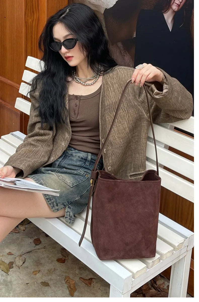 Motingsome Frosted Cowhide Bucket Bag Women Luxury Suede Leather Purses Lazy Style Crossbody Shoulder Winter Large Bag 2024 New