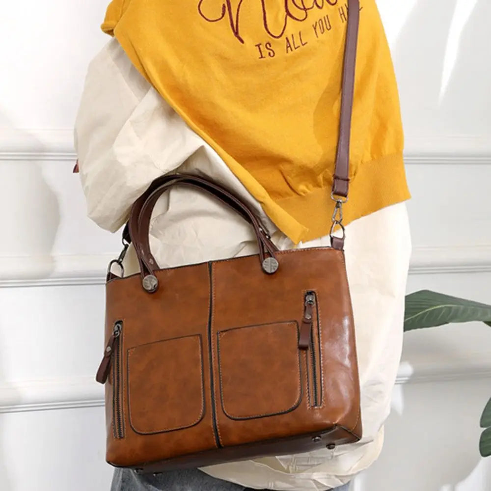 Ladies Vintage Leather Shoulder Bag, Large Leather Purses Work Bags with Multi-Pocket Tote Bag Crossbody Handbags for Women