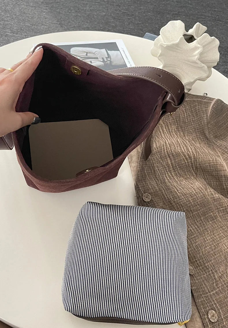 Motingsome Frosted Cowhide Bucket Bag Women Luxury Suede Leather Purses Lazy Style Crossbody Shoulder Winter Large Bag 2024 New