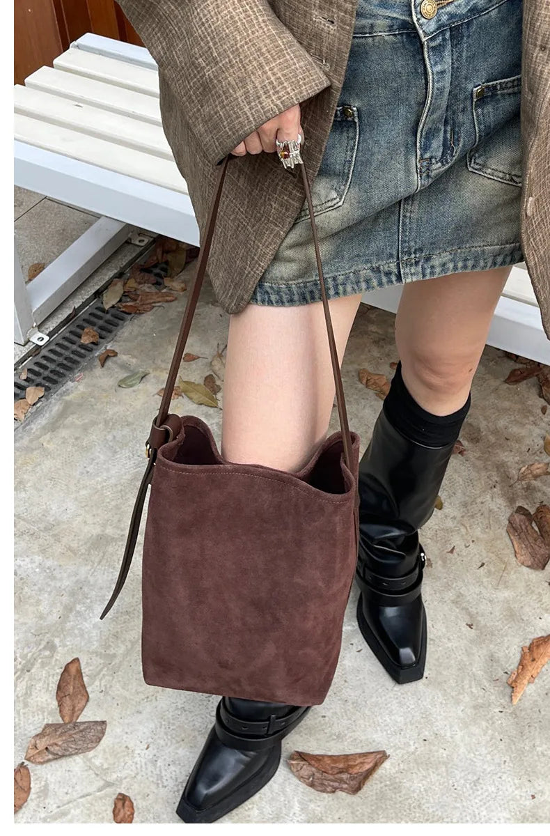 Motingsome Frosted Cowhide Bucket Bag Women Luxury Suede Leather Purses Lazy Style Crossbody Shoulder Winter Large Bag 2024 New