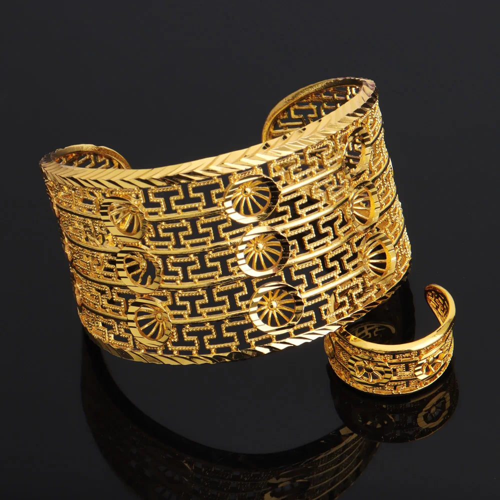 Noble Dubai Gold Color Jewelry Set For Women Luxury Multi Layer Bangle And Multi Bead Ring For Easter Gifts Wedding Arabic Party