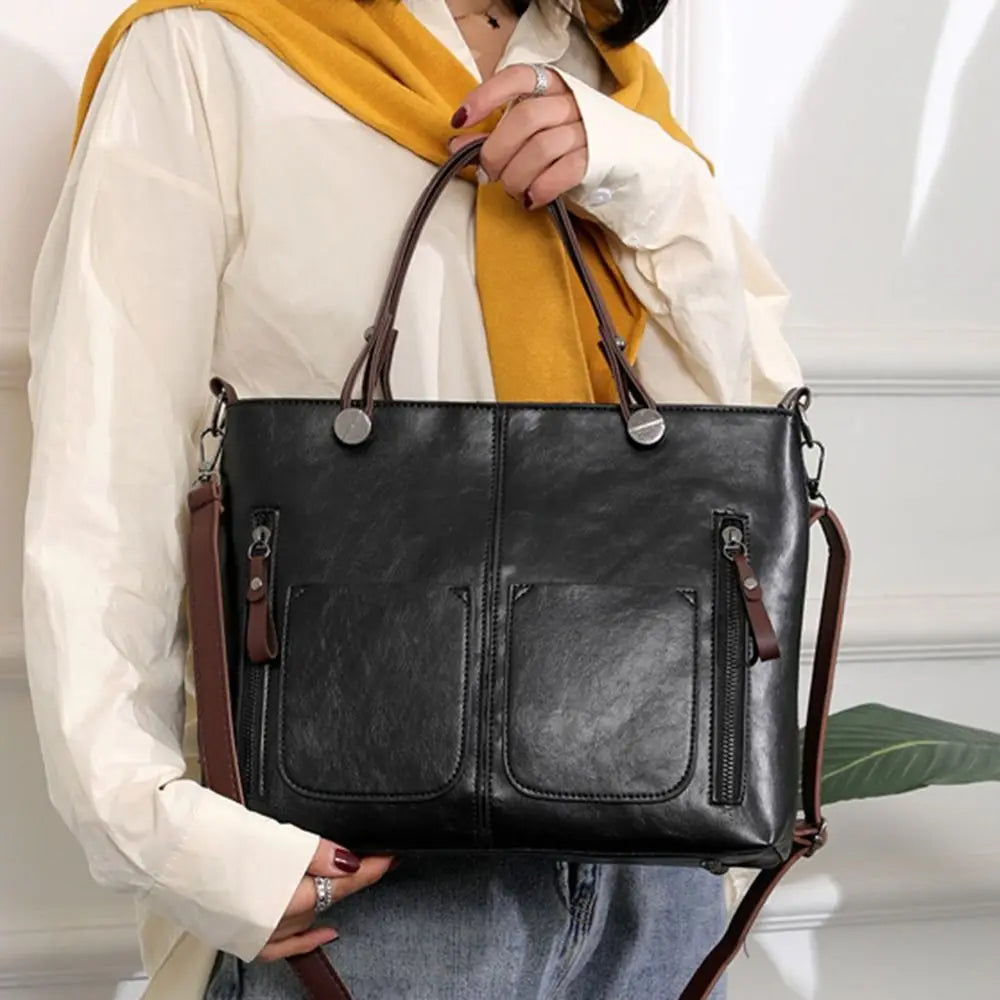 Ladies Vintage Leather Shoulder Bag, Large Leather Purses Work Bags with Multi-Pocket Tote Bag Crossbody Handbags for Women