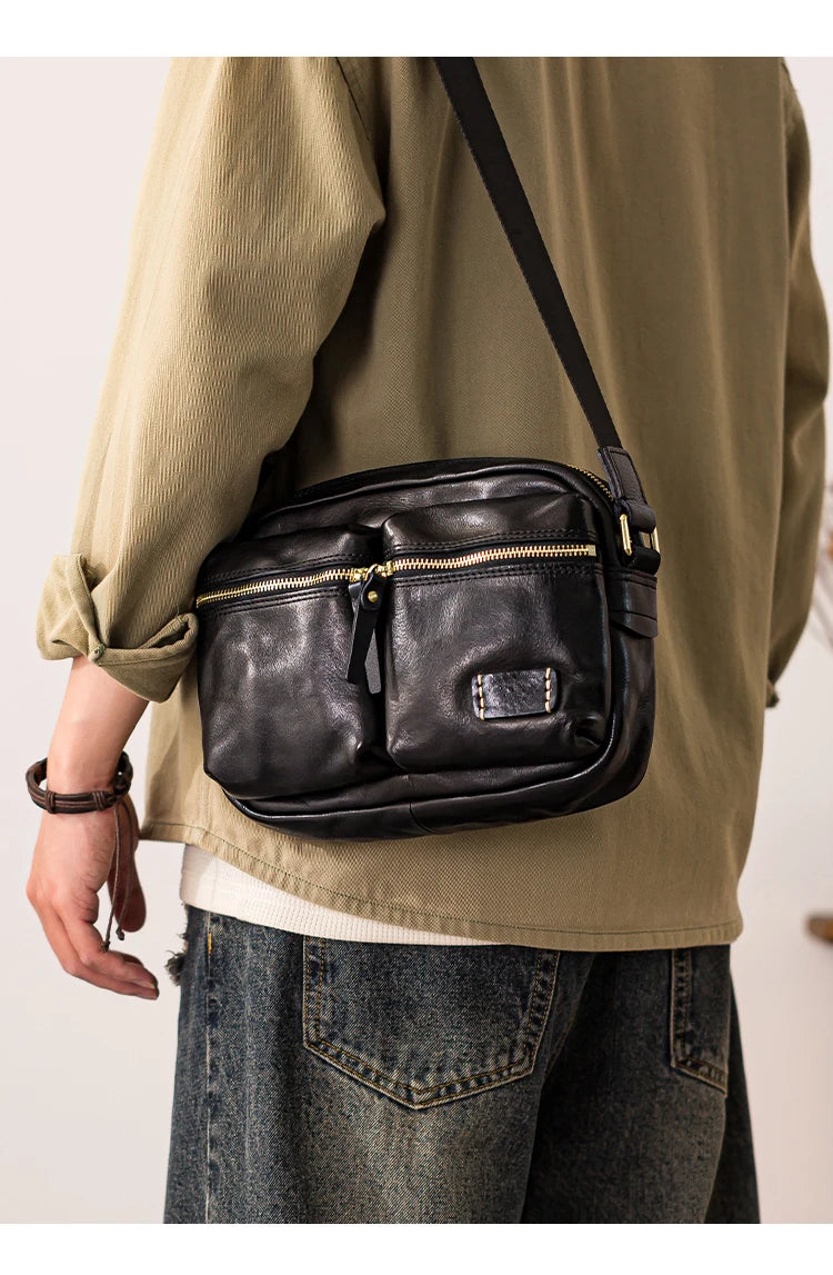 Fashion designers handmade vegetable tanned leather men's shoulder bag casual luxury genuine leather teens black crossbody bag