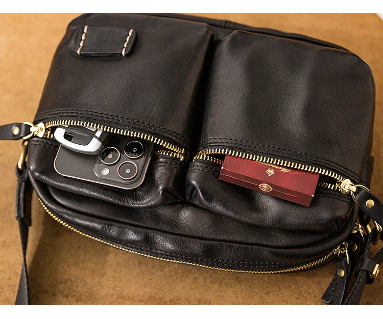 Fashion designers handmade vegetable tanned leather men's shoulder bag casual luxury genuine leather teens black crossbody bag