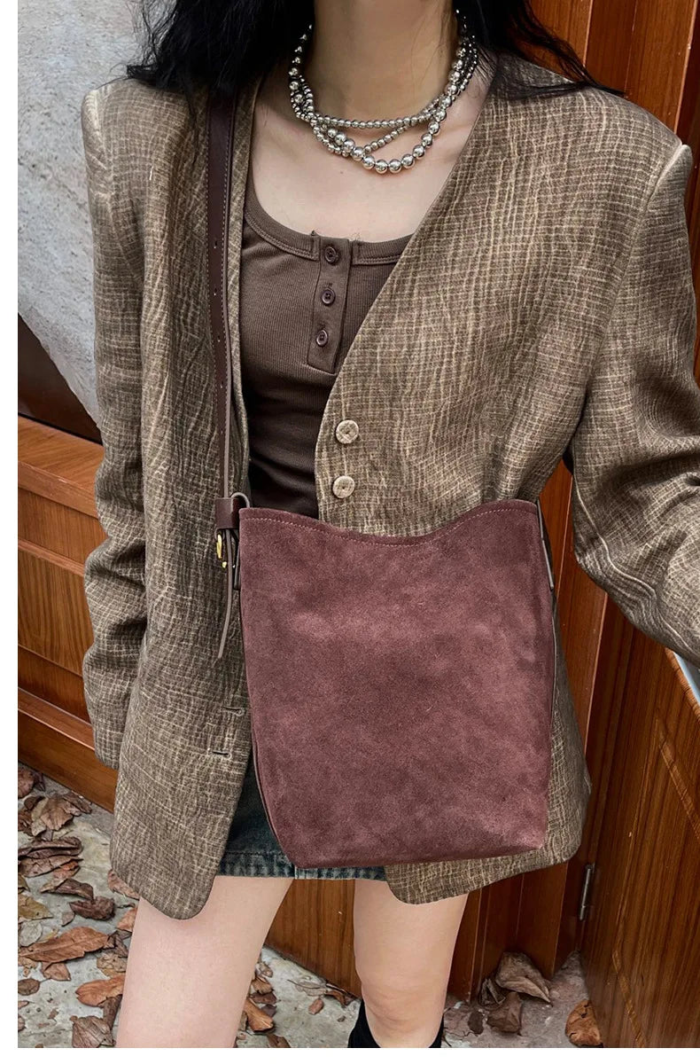 Motingsome Frosted Cowhide Bucket Bag Women Luxury Suede Leather Purses Lazy Style Crossbody Shoulder Winter Large Bag 2024 New