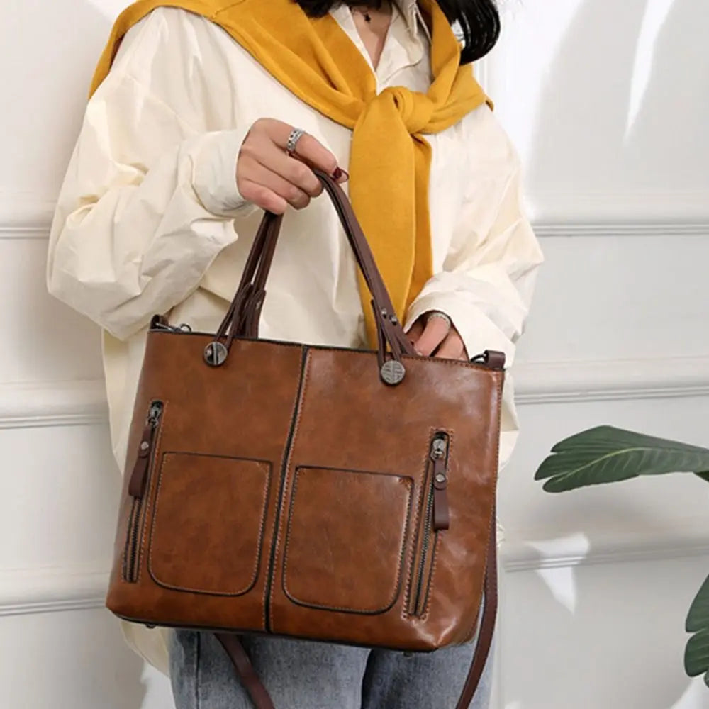 Ladies Vintage Leather Shoulder Bag, Large Leather Purses Work Bags with Multi-Pocket Tote Bag Crossbody Handbags for Women