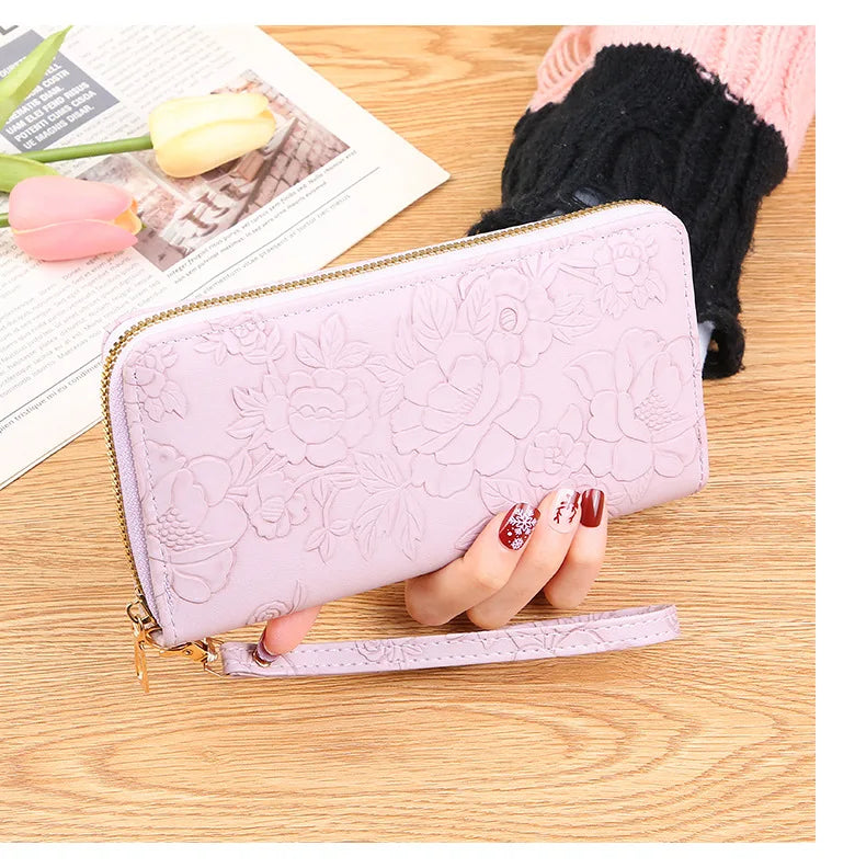 Long Zippered Women's Purse,Enlarged Ladies Phone Wallet,Embossed Design Fashionable Minimalist Money Bag,Lady Leather Purses