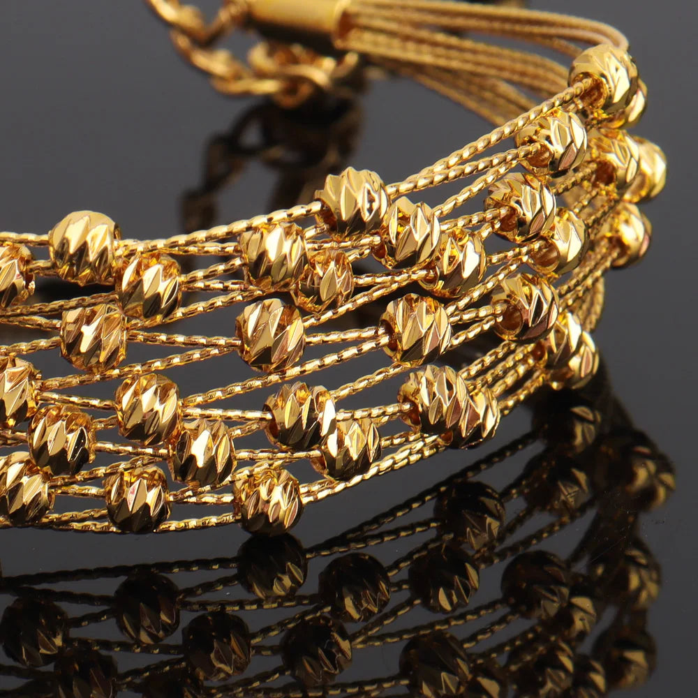 Noble Dubai Gold Color Jewelry Set For Women Luxury Multi Layer Bangle And Multi Bead Ring For Easter Gifts Wedding Arabic Party