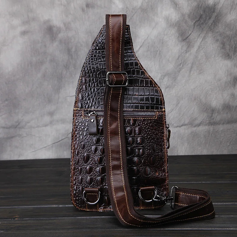 Men's Genuine Leather Crossbody Bag Vintage Crocodile Embossed Luxury Shoulder Bag Chest Bag Designer Adjustable Strap Zipper