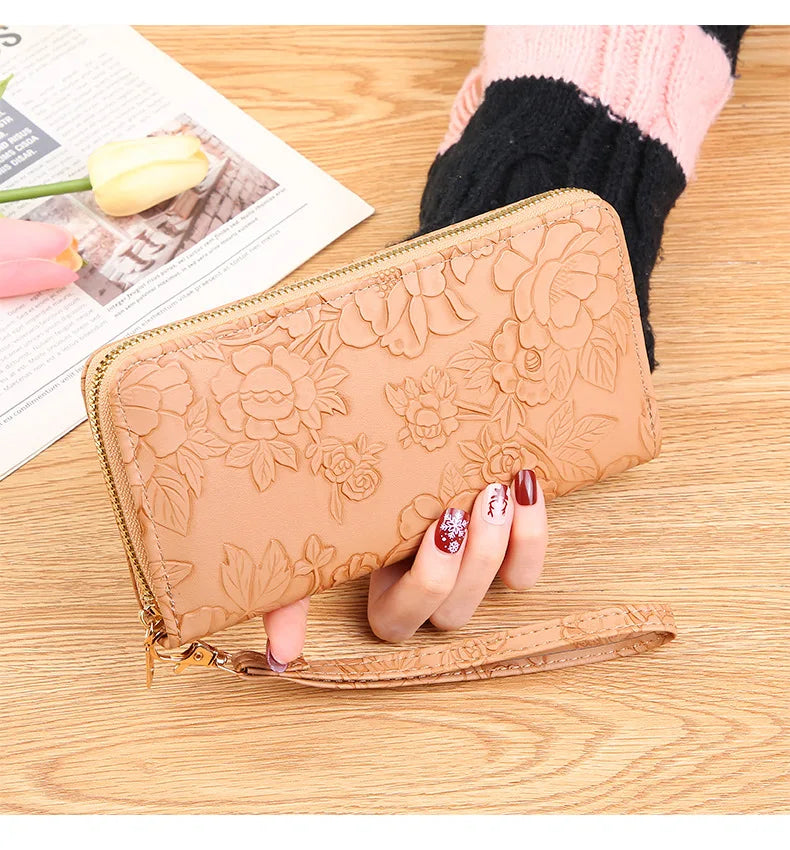 Long Zippered Women's Purse,Enlarged Ladies Phone Wallet,Embossed Design Fashionable Minimalist Money Bag,Lady Leather Purses
