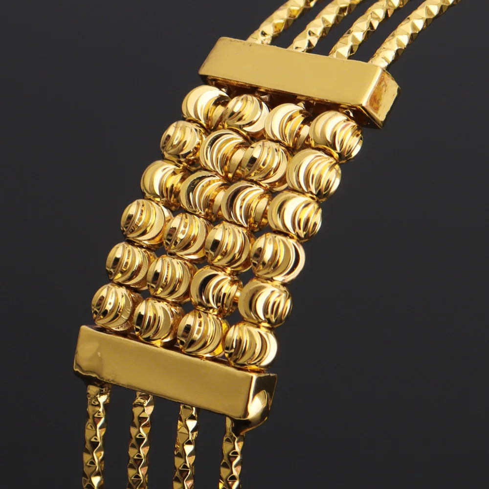 Noble Dubai Gold Color Jewelry Set For Women Luxury Multi Layer Bangle And Multi Bead Ring For Easter Gifts Wedding Arabic Party