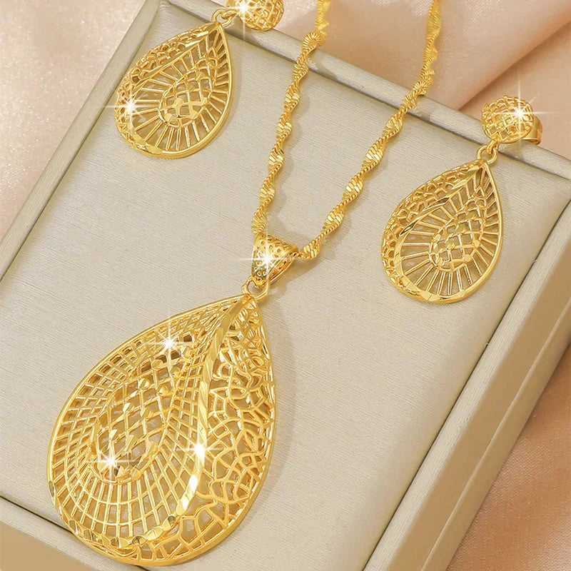 9999 Real Gold Leaf Flower Necklace Earring Set | Wedding Pendants for Brides | 24K Gold Women's Elegant Jewelry