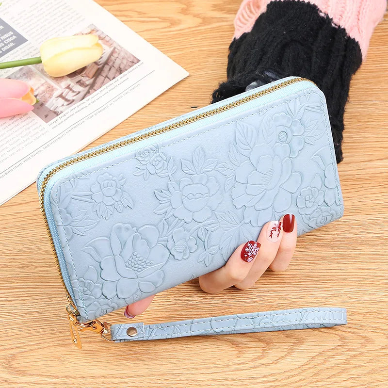 Long Zippered Women's Purse,Enlarged Ladies Phone Wallet,Embossed Design Fashionable Minimalist Money Bag,Lady Leather Purses